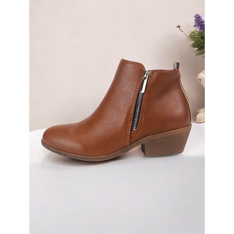 Women's Brown Faux Leather Ankle Boots with Side Zipper | Comfortable and Stylish for Everyday Wear4