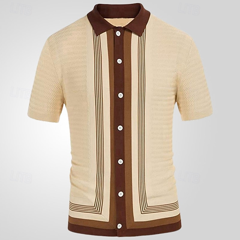 Men's Button Up Polos Golf Shirt Casual Sports Lapel Short Sleeve Fashion Basic Stripes Patchwork Buttons Summer Navy Blue Green Apricot Button Up Polos3