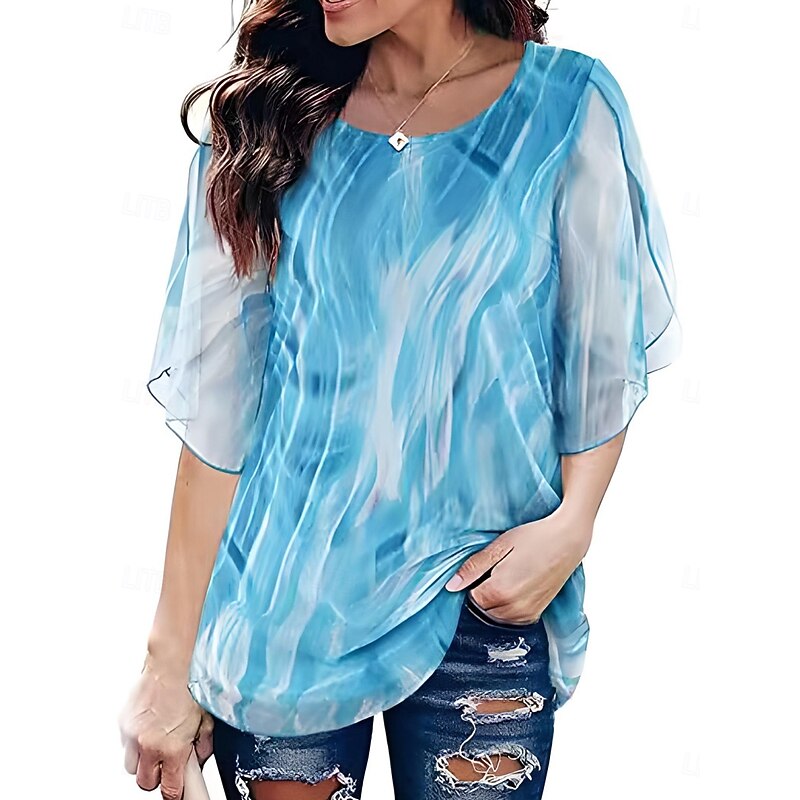 Women's Shirt Blouse Floral Casual 3/4 Length Sleeve Crew Neck Regular Tops Daily Mesh Patchwork Print Black Wine Blue Summer Spring2