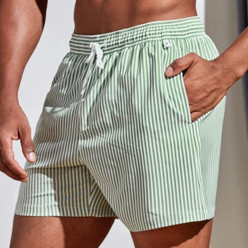 Men's Swim Trunks Swim Shorts Board Shorts Bathing Suit Drawstring with Pockets Swimming Surfing Beach Water Sports Stripes Summer Spring2