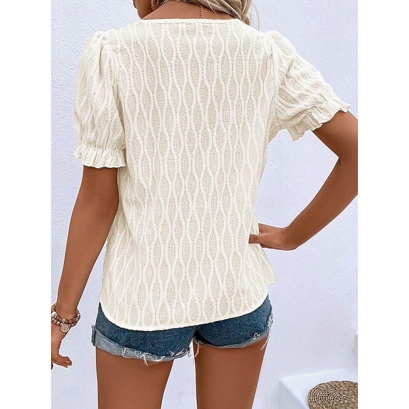 Women's White Elegant Lace Tops Eyelet Blouse Fashion Modern Casual Plain Regular Tops Long Sleeve Notched Neck Regular Fit Daily Weekend Romantic Petite Tops Summer Holiday Wear Pink Summer Spring
