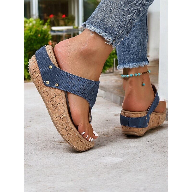 Women's Blue Cork Wedge Sandals with Laser-Cut Design, Open Toe Slip-On Summer Shoes for Casual Outings and Beach Vacations3