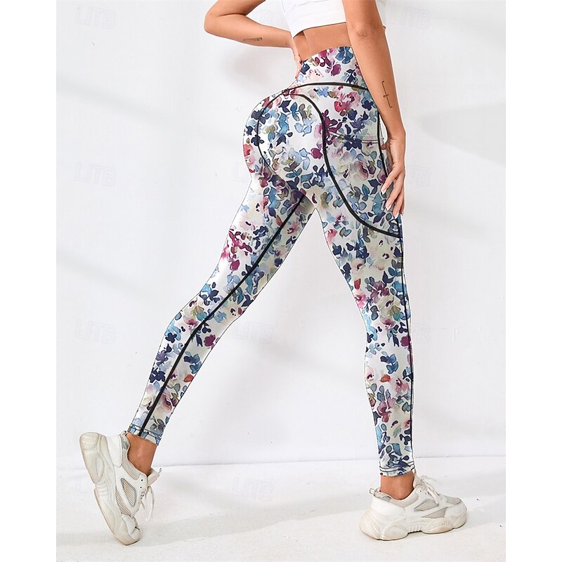 Women's Yoga Pants Yoga Leggings High Waist Pilates Gym Workout Workout Tights Floral Blue Fall Sports Activewear Stretchy Slim2