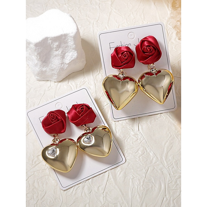 Women's Romantic Rose and Heart Drop Earrings, Red Satin Flower with Gold-Tone Heart Design, Statement Jewelry for Weddings, Valentine's Day Gift, and Special Occasions3