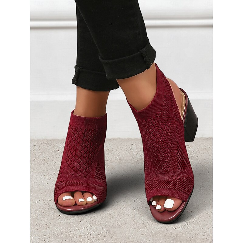 Women's Beige Peep-Toe Knit Ankle Booties with Block Heel, Breathable Summer Sandals for Casual and Office Wear3