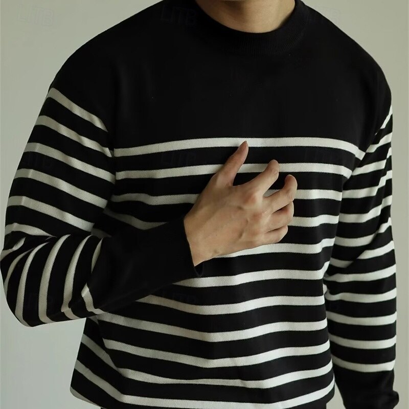 Men's Pullover Sweater Jumper Knit Sweater Ribbed Knit Regular Tops Knitted Stripe Crew Neck Fashion Basic Vacation Daily Wear Clothing Apparel Fall & Winter Black M L XL3
