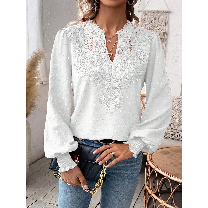 Women's Shirt Blouse Solid Color Basic Casual Long Sleeve V Neck Regular Tops Daily Going out Lace Patchwork Maroon White Green Spring Fall Winter4