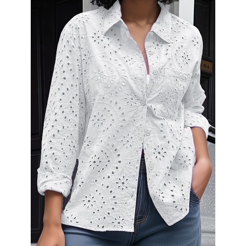 Women's White Elegant Lace Tops Eyelet Blouse Floral Regular Tops Long Sleeve Shirt Collar Buttons Eyelet Regular Fit Daily Romantic Petite Tops Summer Holiday Wear White Purple