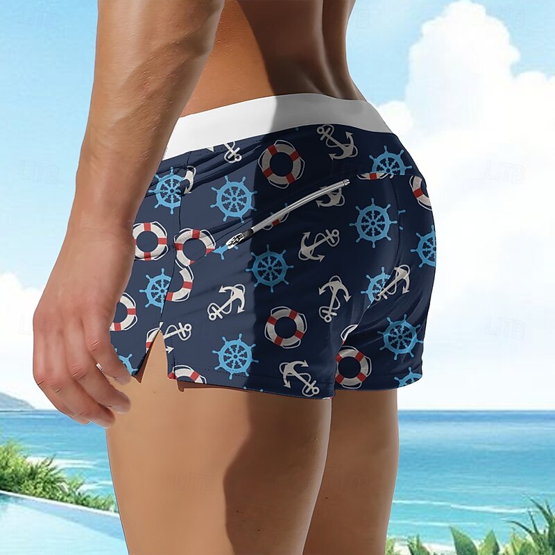 Men's 3D Print Nautical Anchor Swim Trunks Swim Shorts Board Shorts Mid Waist Fashion Designer Surfing Holiday Beach Drawstring Elastic Waist Zipper Pocket Designer Clothing Apparel2
