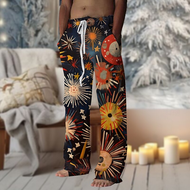 Men's Floral Painting Pants Trousers Mid Waist Drawstring Elastic Waist Hawaiian Casual Outdoor Vacation Party Evening Wear Straight Leg Trousers Summer Spring Fall 3D Print Dark Blue