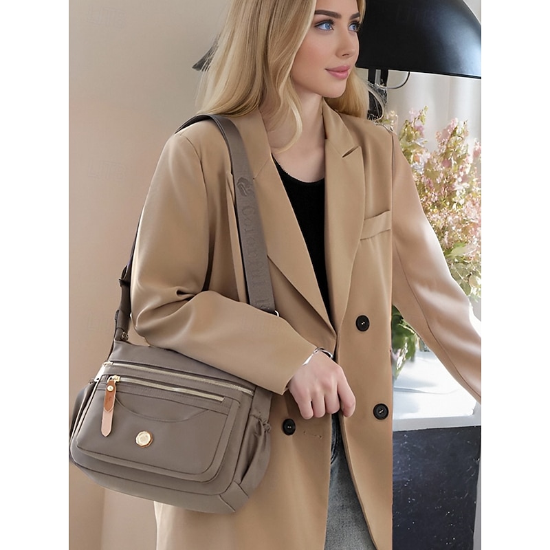 Women's Nylon Crossbody Bag with Multiple Pockets, Lightweight and Water-Resistant Shoulder Bag for Casual Daily Use and Travel Earth Yellow Black Pink3