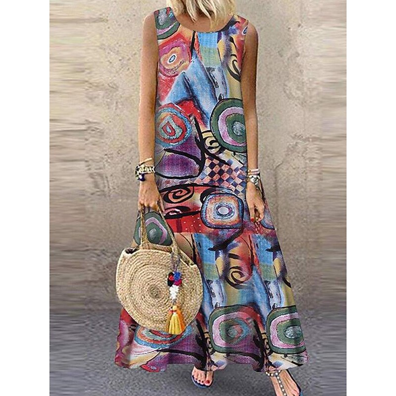 Women's Normal Maxi Dress Cotton Linen Dress Boho Dress Elegant Vintage Beach Regular Fit Graphic Sleeveless Crew Neck Red Green Summer3