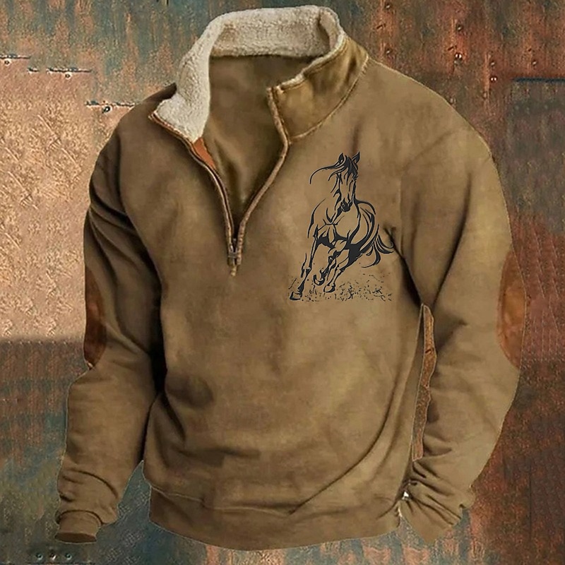 Men's Sweatshirt Quarter Zip Sweatshirt Black Navy Blue Brown Gray Half Zip Color Block Horse Patchwork Sports & Outdoor Daily Holiday Polyester Vintage Basic Casual Fall & Winter Clothing Apparel2