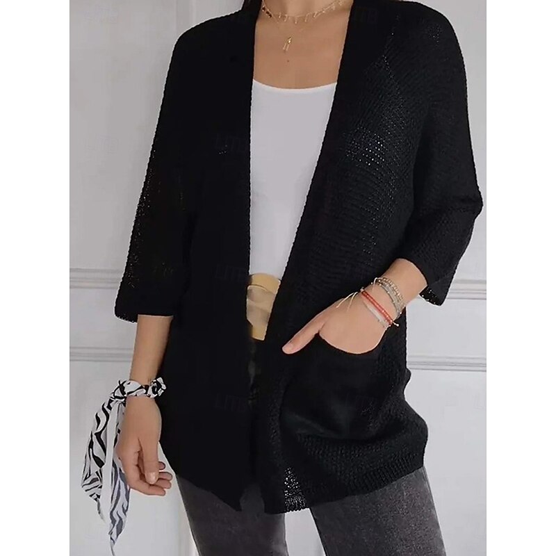 Women's Sweater Cardigan Elegant Fashion Streetwear Pure Color V Neck Pocket Knitted Long Sleeve Regular Tops Knit Outdoor Daily Weekend Black White Fall Winter2