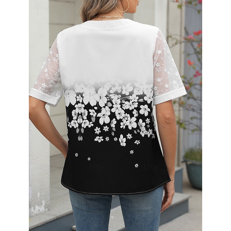 Women's Shirt Blouse Floral Casual Half Sleeve Notched Neck Regular Tops Daily Mesh Patchwork Buttons Black Wine Blue Summer2