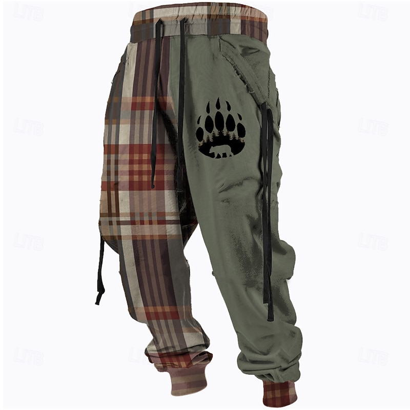 Men's Plaid Bear Paw Sweatpants Trousers Mid Waist Drawstring Elastic Waist Active Vintage Casual Outdoor Streetwear with Pockets Spring Fall 3D Print Black Yellow Brown2