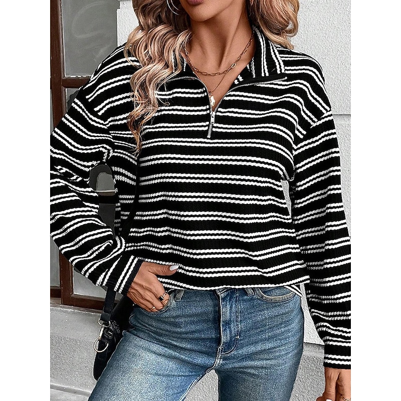 Women's Sweatshirt Casual Striped Street Dailywear Hoodie Zip Up Long Sleeve Black Fall Winter