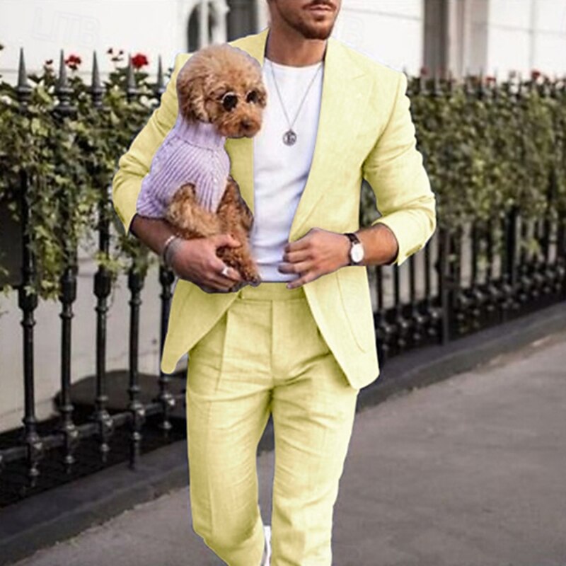 Men's Beach Wedding Linen Suits Peak Daffodil Solid Colored Tailored Fit 2 Piece Single Breasted One-button2