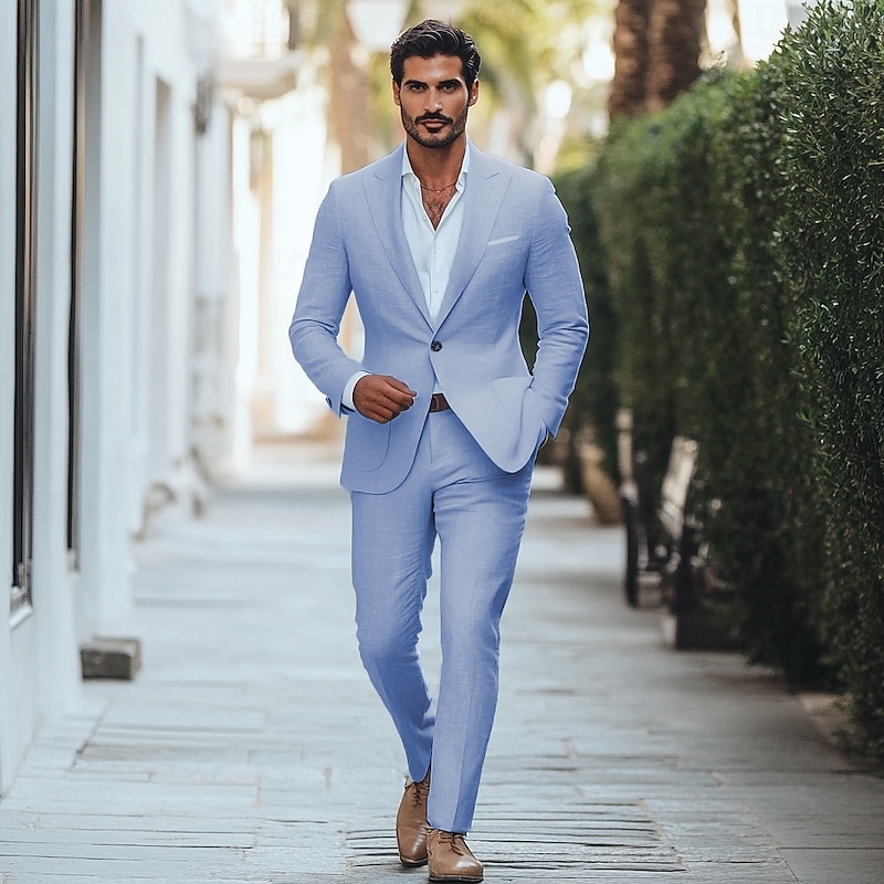 Men's Casual Suits Sky Blue Beige Fashion Daily Solid Colored Standard Fit 2 Piece Single Breasted One-button2
