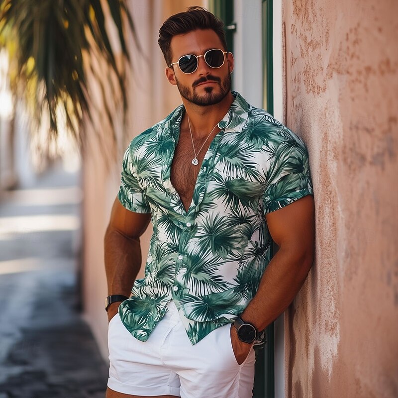 Men's Leaf Tropical Summer Hawaiian Shirt Aloha Shirt Short Sleeve Hawaiian Vacation Summer Spring Turndown Button Up White Blue Orange Green2