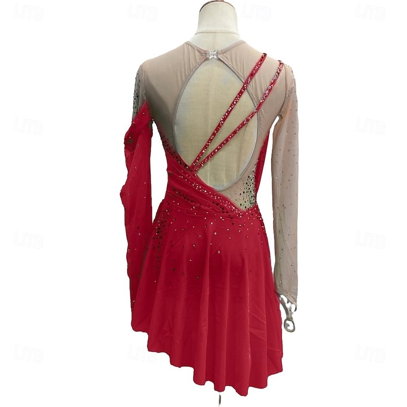 Figure Skating Dress Women's Girls' Ice Skating Dress Forest Green Red Sky Blue Patchwork Thumbhole Mesh Spandex Stretchy Training Practice Professional Skating Wear Crystal / Rhinestone Long Sleeve4