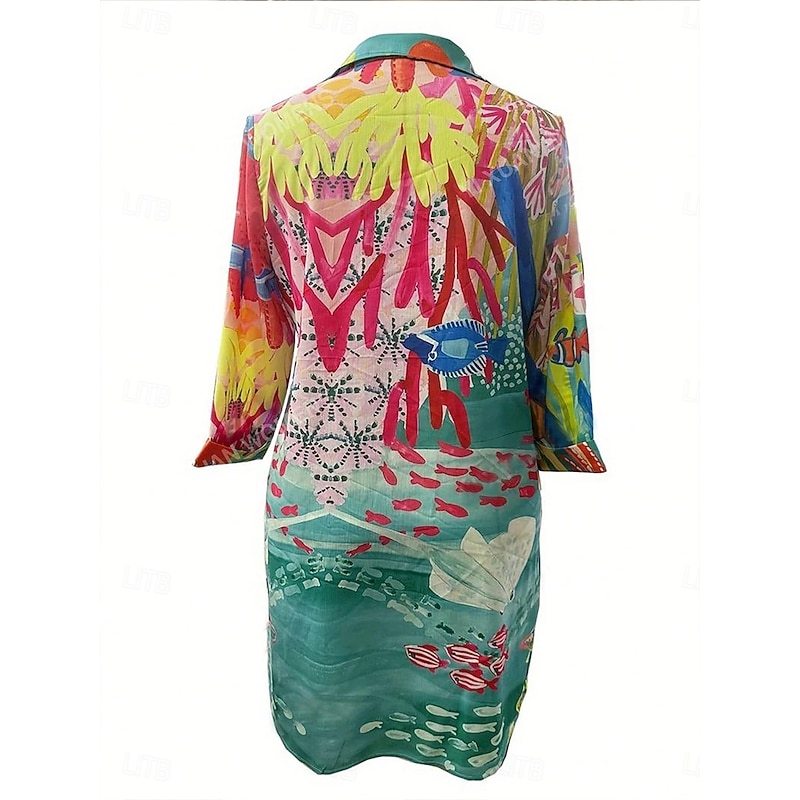 Women's Mini Dress Shirt Dress Hawaiian Shirts  Flowy  Beach Graphic Long  Long Sleeve Shirt Collar Buttons Print Form Fit Green Summer Holiday Clothes Beach Wear3