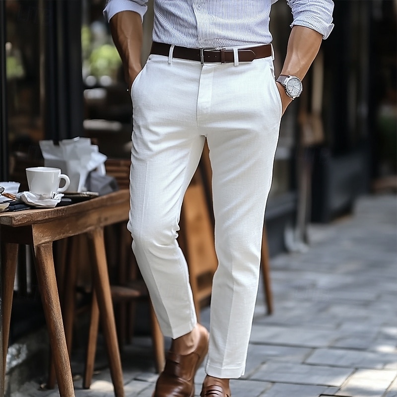 Men's Linen Pants Trousers Dress Pants Summer Pants Pocket Straight Leg Plain Comfort Breathable Full Length Formal Outdoor Business Streetwear Smart Casual Black White
