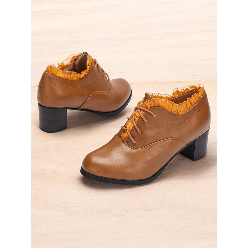 Women's brown Vintage Lace-Up faux Leather Oxfords with Ruffle Trim| for Work or Casual Wear4