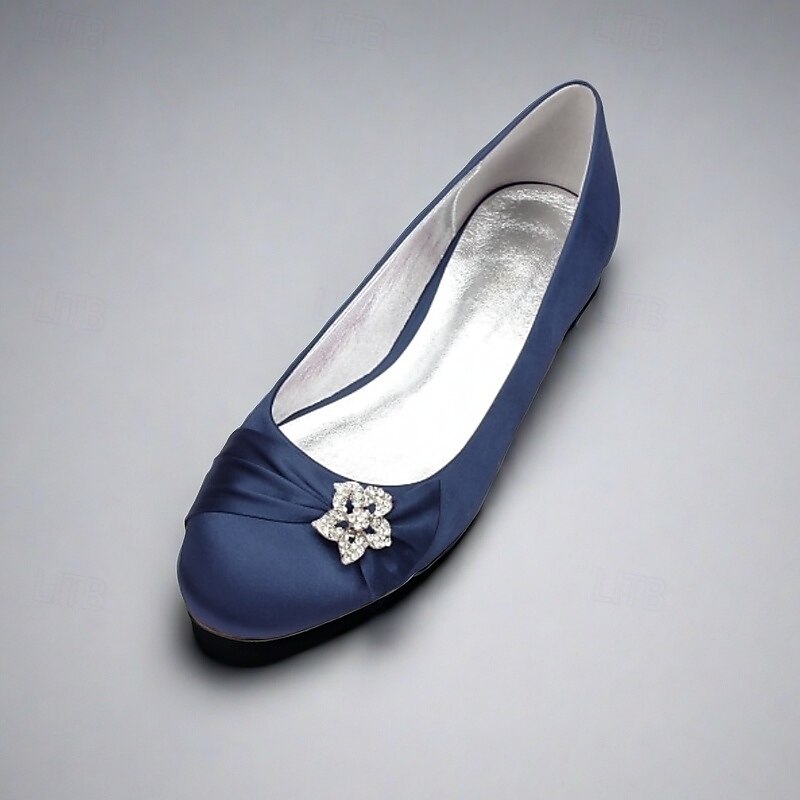Women's Navy Satin Ballet Flats with Rhinestone Floral Embellishment - Elegant Wedding or Evening Shoes2