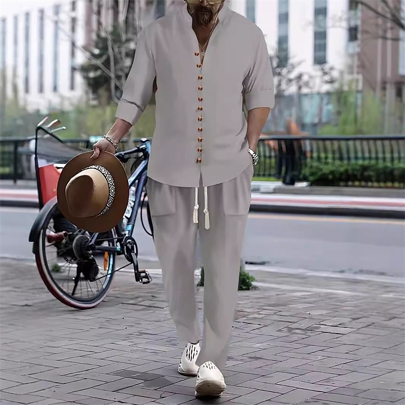 Men's 2 Piece Shirt Set Matching Sets Casual Shirt Button Up Shirt White Pink khaki Gray Long Sleeve Plain Band Collar Vacation Street Clothing Apparel Fashion Casual