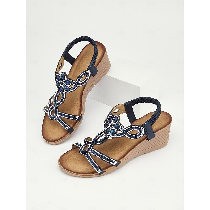 Women's Rhinestone Wedge Sandals with Elastic Strap, Elegant Beaded Open-Toe Design for Summer, Perfect for Casual and Party Wear4