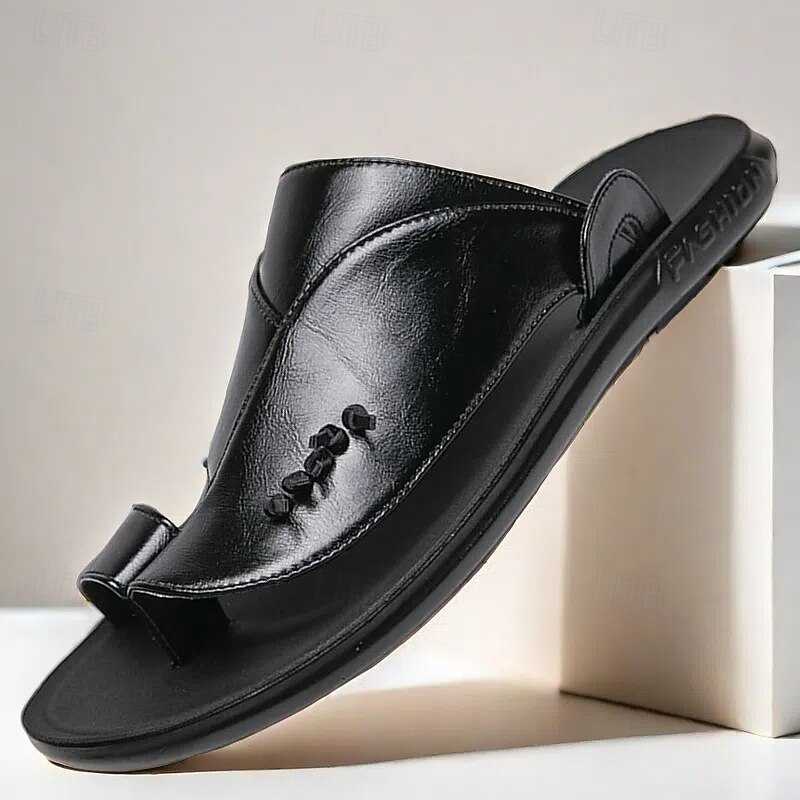 Men's Black Faux Leather Slide Slippers with Stylish Accent Detail – Comfortable Casual Footwear for Everyday Wear2