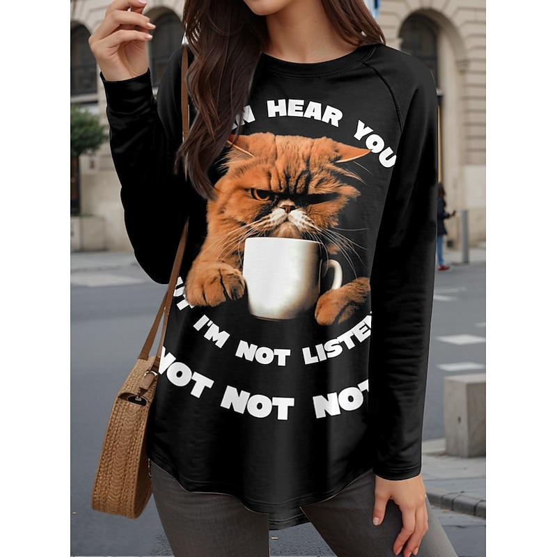 Women's T shirt Long Sleeve Cat Letter Casual Long Sleeve Crew Neck Long Tops Daily Print Black Fall Winter Prefall3
