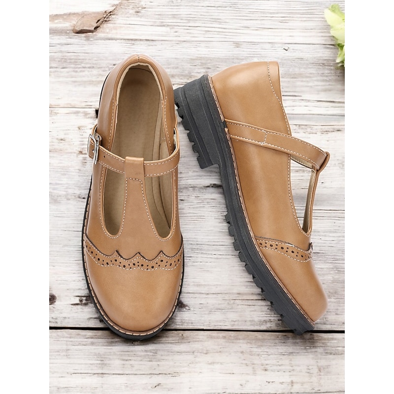 Women's Tan Faux Leather T-Strap Mary Jane Shoes with Brogue Detailing, Rugged Sole for Comfortable Daily Wear and Vintage Style Outfits