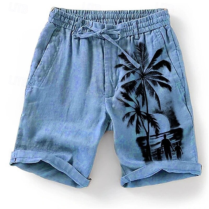Men's Shorts Linen Shorts Summer Shorts Beach Shorts Drawstring Elastic Waist Coconut Tree Comfort Breathable Knee Length Outdoor Holiday Beach Vacation Hawaiian Blue Green2