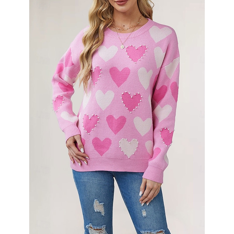 Women's Valentine Pink Heart Sweater Pullover Elegant Solid Color V Neck Knitted Long Sleeve Regular Tops Knit Fashion Streetwear Outdoor Daily Weekend Black Pink Fall Winter