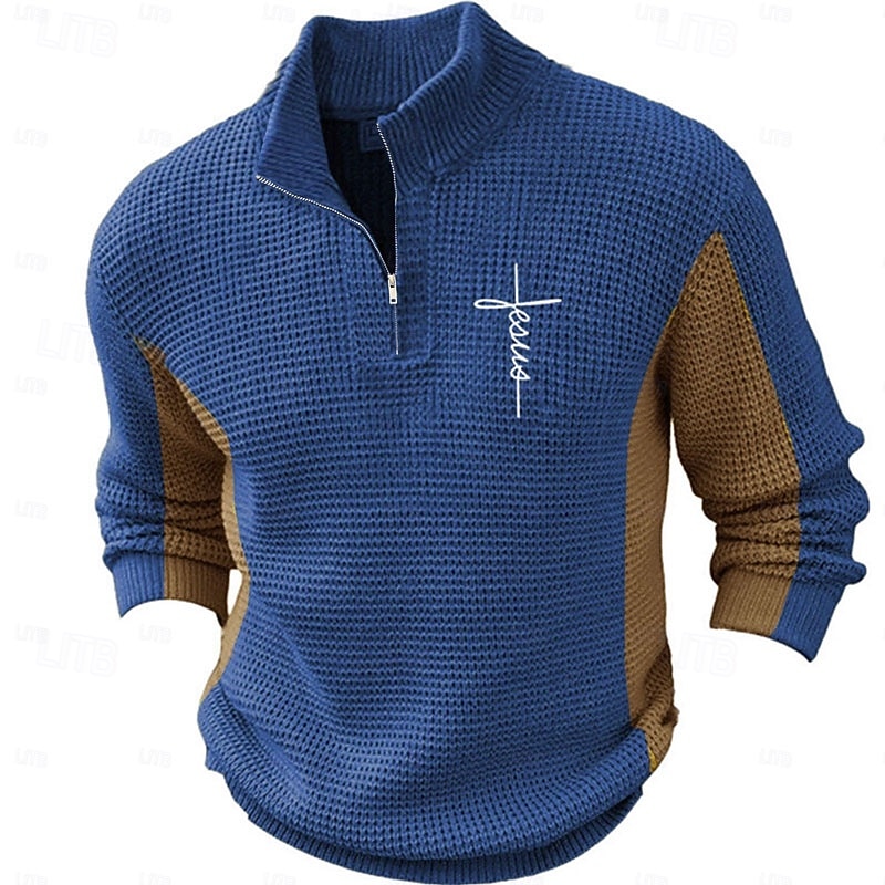 Men's Faith Pullover Sweater Jumper Zip Sweater Polo Sweater Stand Collar Retro Vintage Party Evening Wear Daily Vacation Embroidered Zipper Knitting Long Sleeve Fall Winter Sky Blue Brown Green