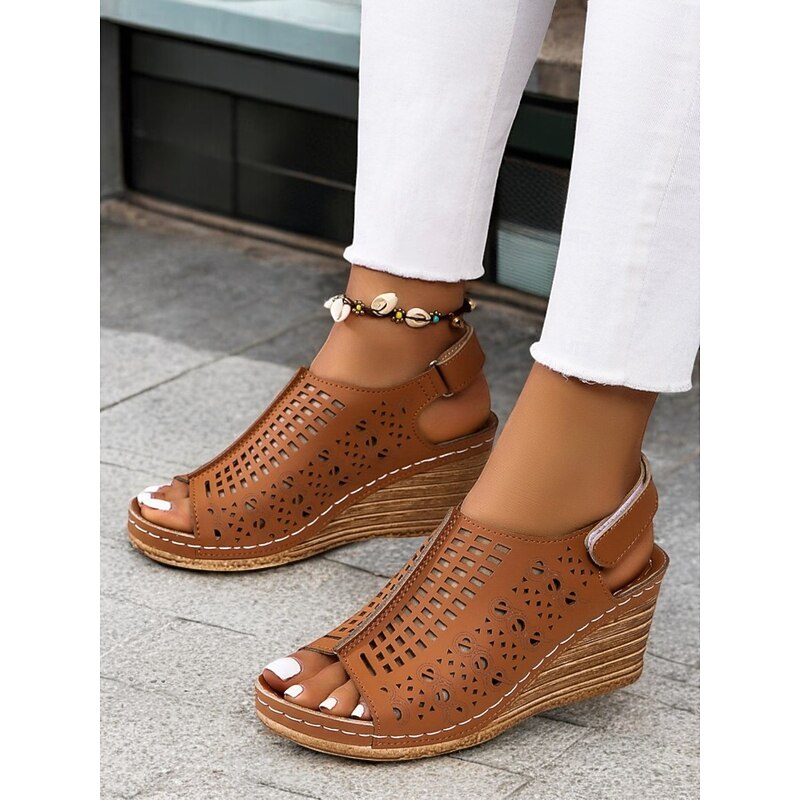 Women's Burgundy Cut-Out Wedge Sandals with Adjustable Strap, Comfortable Sole, and Vintage Style for Casual and Summer Wear"3