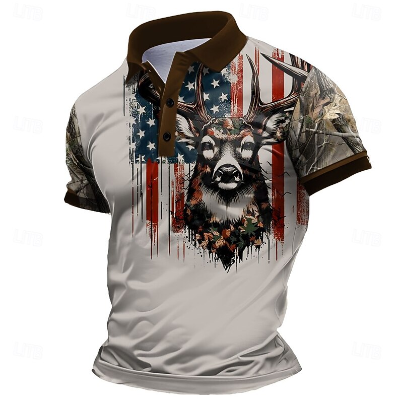 Men's Deer Polo Short Sleeve Polo Shirts Collared Shirts Casual School Outdoor Daily Wear Home Wear 3D Print Summer Spring Fall Brown Gray2