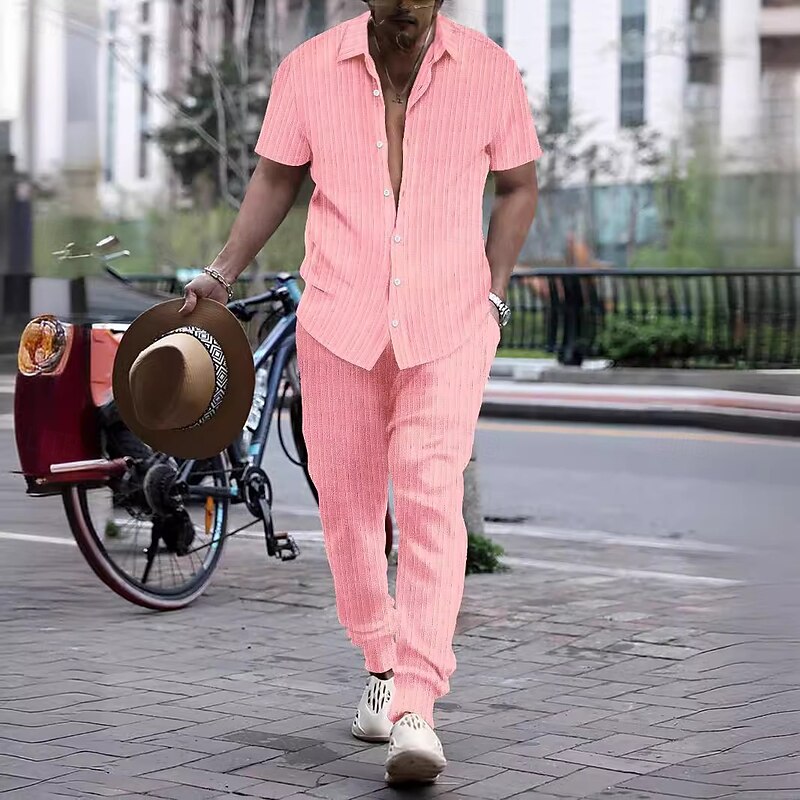 Men's 2 Piece Shirt Set Matching Sets Casual Shirt Button Up Shirt White Pink Dark Navy Green Short Sleeve Plain Collar Vacation Daily Clothing Apparel Fashion Casual2