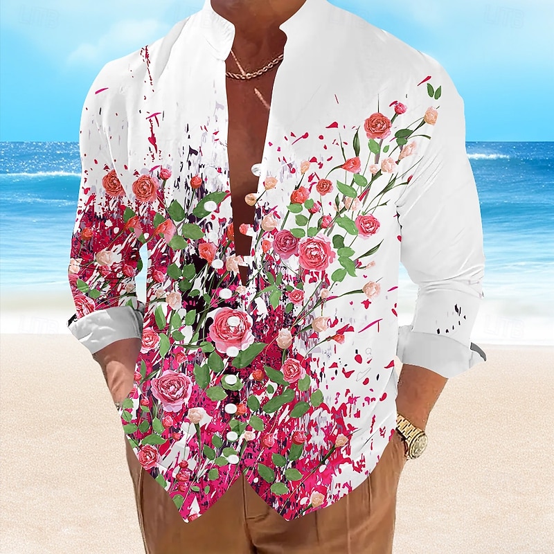 Valentine's Day Men's Floral Casual Shirt Button Up Shirt Long Sleeve Resort Vacation Casual Summer Spring V Neck Button Up White Pink Blue Green4