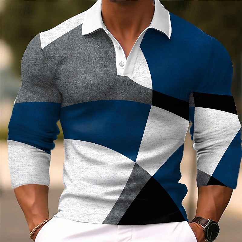 Men's Multi Color Polo Shirts Golf Shirt Long Sleeve Polo Shirts Collared Shirts Casual Business Casual Party Evening Wear Dailywear 3D Print Buttons Spring Fall Winter Blue Green