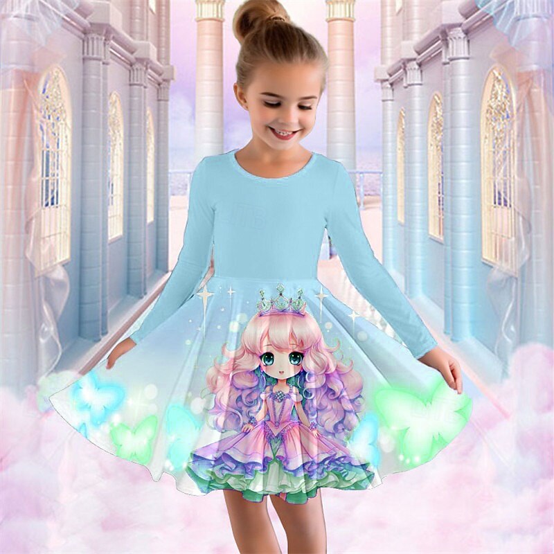 Girls' 3D Cartoon Butterfly Dress Long Sleeve 3D Print Fall Winter Vacation Sports & Outdoor Daily Cute Casual Beautiful Kids 3-12 Years Casual Dress A Line Dress Above Knee Regular Fit4