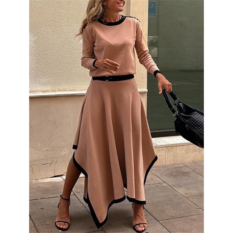 Women's Elegant Fashion Streetwear Blouse Skirt Long Sleeve Crew Neck Solid Color Formal Party Work Black White Brown Spring Loose Fit3