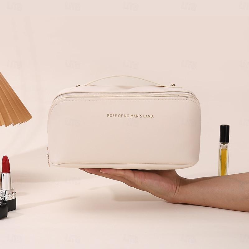 Large Capacity Travel Jewelry Cosmetic Bag, Fashionable PU Leather Makeup Organizer, Portable Toiletry Bag with Handle for Travel and Storage3