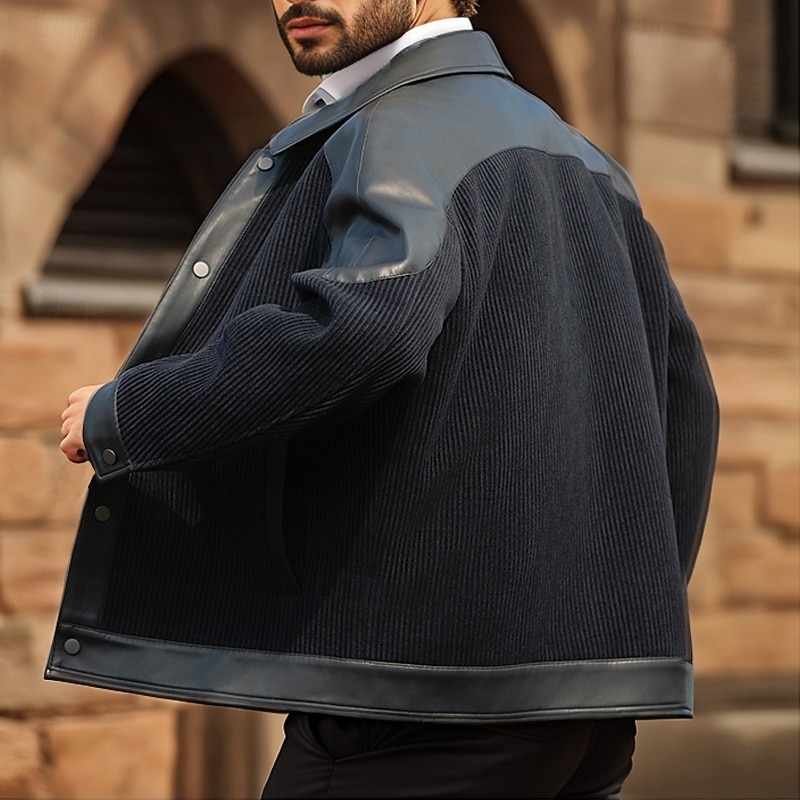 Men's Faux Leather Jacket Corduroy Jacket Transition Jacket Casual Jacket Vacation Daily Warm Pocket Fall & Winter Plain Fashion Classic Lapel Regular Black Jacket3