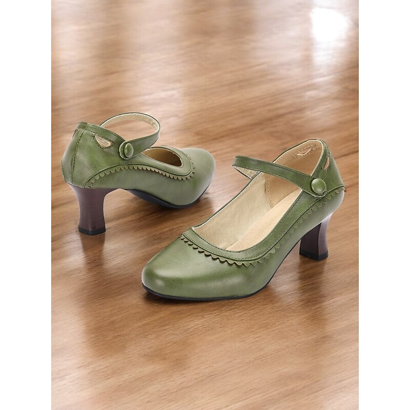 Women's Vintage Green  faux Leather Mary Jane Heels with Scalloped Edge and Button Detail - Comfortable Low Heels for Work， Formal Events and Retro Style Outfits2