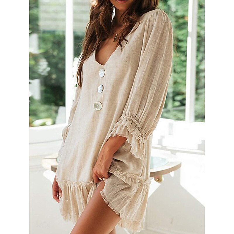 Women's Casual Dress Midi Dress Patchwork Hawaiian Casual V Neck Black Blue Beige Color3