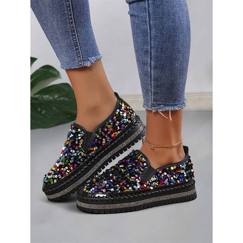 Women's Black Sequin Slip-On Platform Shoes with Rhinestone Trim - Sparkly Casual Shoes for Parties and Everyday Wear3