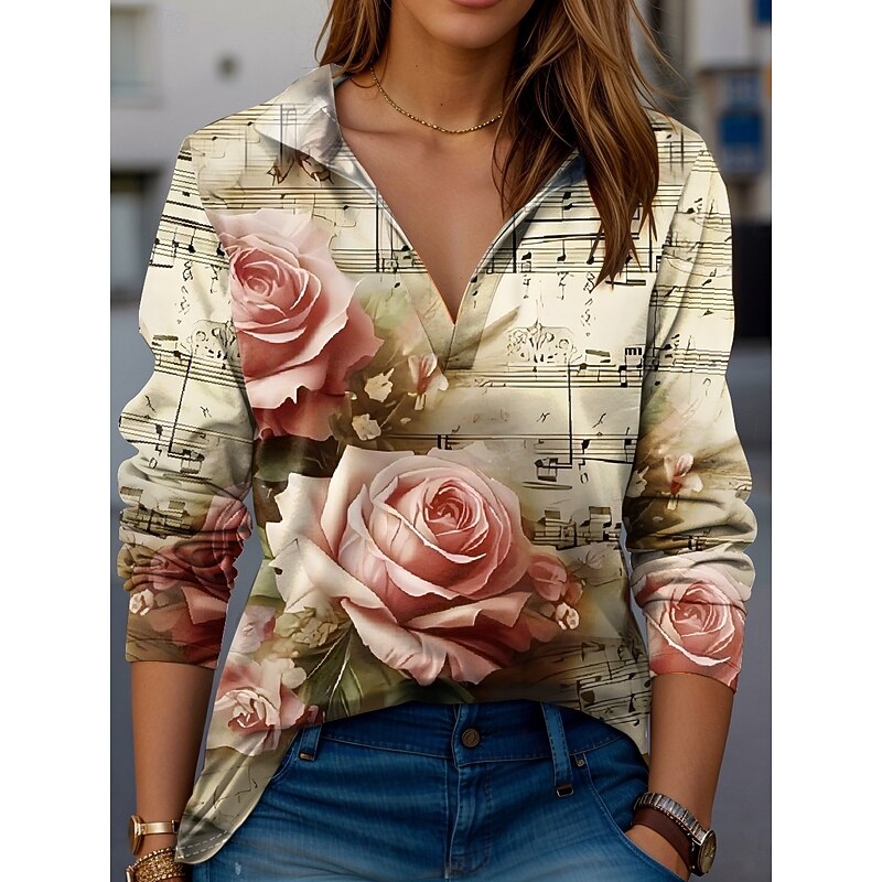 Women's T Shirt Rose Modern Long Sleeve V Neck T Shirt Collar Regular Tops Work Print Black White Yellow Pink Red Summer Spring Fall